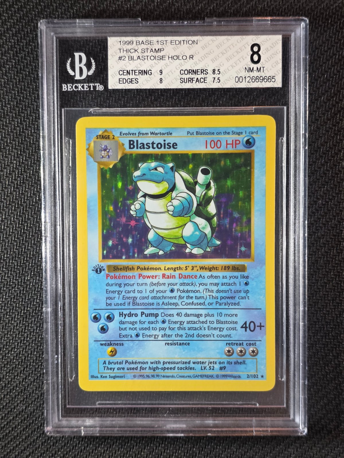 1999 Pokemon Base Set 1st Edition Blastoise 2/102 Thick Stamp BGS 8 NM-MT
